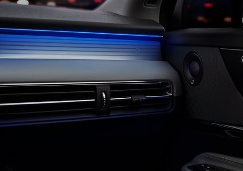 A thin available ambient blue lighting illuminates the pinstripe aluminum under an ebony dashboard, emitting a cool energy | Bob Maxey Lincoln in Detroit MI