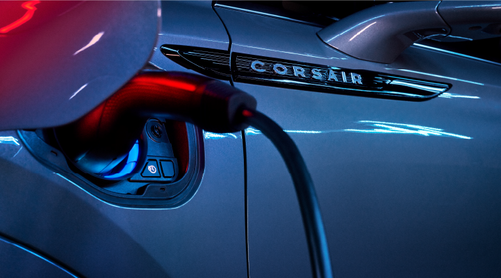 A charger plugged into the charging port of a 2025 Lincoln Corsair® Plug-in Hybrid model. | Bob Maxey Lincoln in Detroit MI